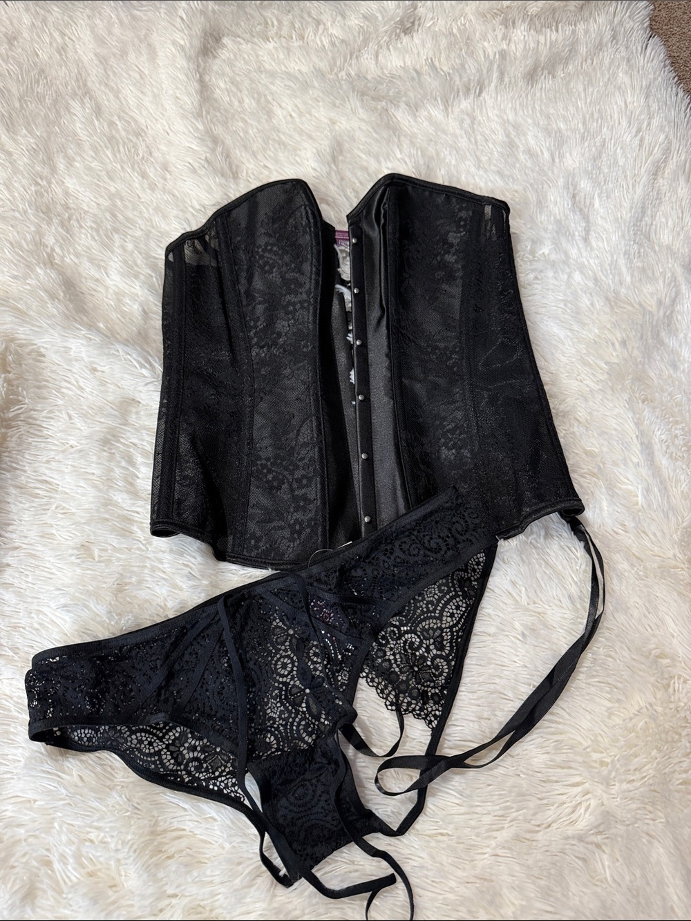 Adore Me Black Lace Waist Corset with Matching Lace Panty Set